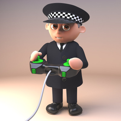 卡通警察警察在3d玩一个视频游戏与操纵杆，3d插图
