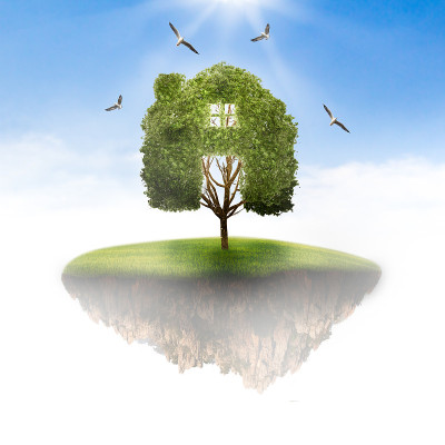 岛在天空中以树为家理念循环生活。世界爱和清洁能源的概念。