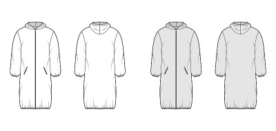 连帽夹克羽绒服外套技术时尚插图拉链关闭，口袋，四四方方的适合，膝盖长度