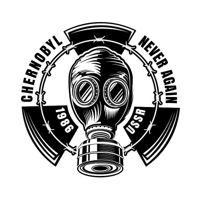 РЎhernobyl。苏联时期的防毒面具，中心有辐射标志和圆形铁丝网。