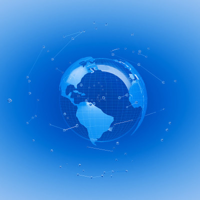 全球通信的概念。带连线的蓝色球体和蓝色小球