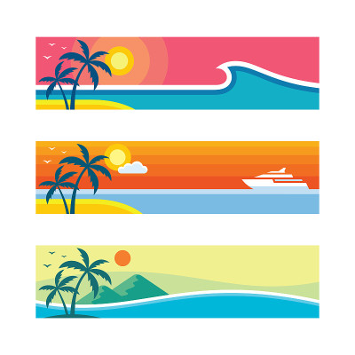夏季旅行-水平概念旗帜模板，矢量插图在平面风格。假期创造性的布局。热带假日天堂装饰海报。平面设计的背