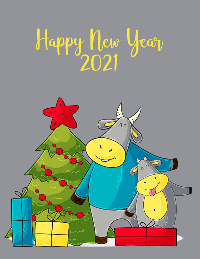 2021年新年快乐儿童插图。中国新年2021年是牛年