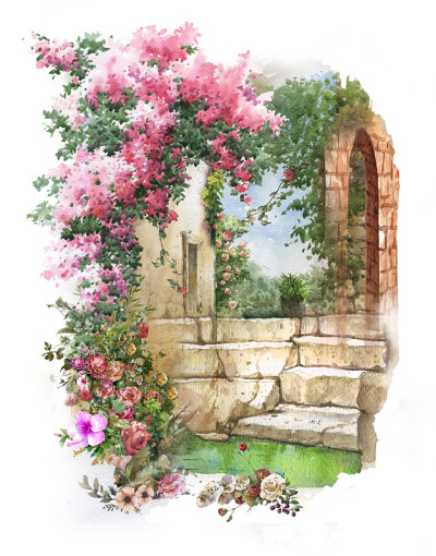 抽象彩色花卉水彩画风景。春天与建筑和墙壁