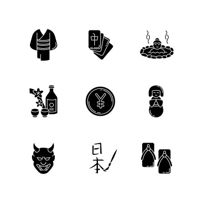日本黑色象形文字图标设置在白色空间。和服,和服。麻将游戏。温泉。缘故,米酒。日元硬币。日本传统属性。