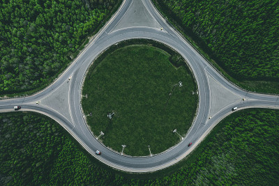 鸟瞰图交通环岛和道路路口在绿色森林