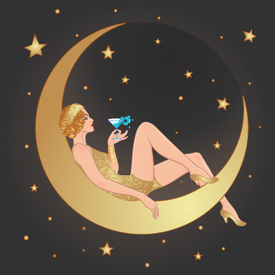 漂亮女人坐在古老的纸制新月上。挡板的女孩。复古派对邀请设计。矢量插图。