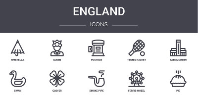 英格兰概念线图标集。包含图标，可用于web，标志，ui/ux，如皇后，网球拍，天鹅，烟筒，摩天轮，馅