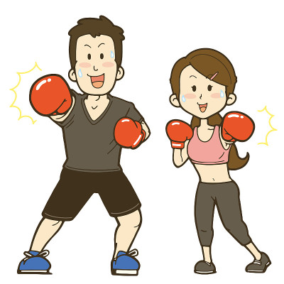 微笑的男人和女人拳击的插图。
