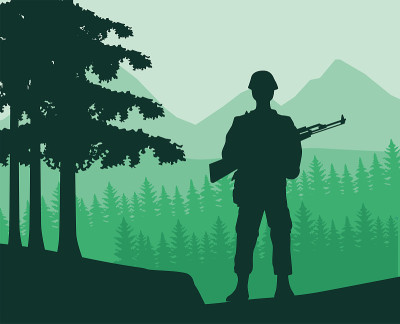 带着步枪的士兵在丛林中剪影