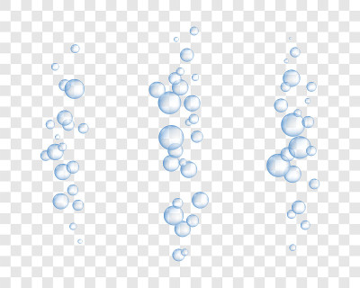 蓝色气泡流收集。透明背景上的矿泉水或香槟气泡。
