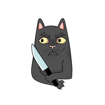 卡通向量愤怒的黑猫用刀。有趣的字符孤立在whitу背景