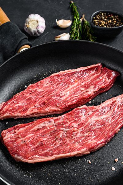 煎锅里的生牛排。黑色背景。俯视图