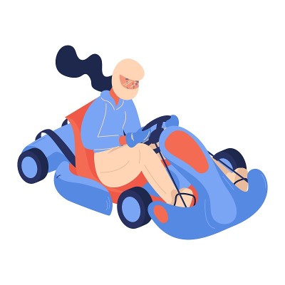 卡丁车概念插图与女人在头盔骑汽车。孤立的白色卡通人物