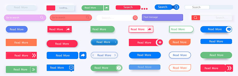 一套向量现代材质风格的按钮。搜索栏。Neumorphism风格。不同颜色的元素和图标。大按钮集合。模