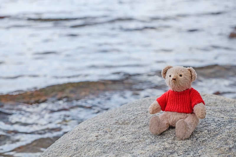 Teddy bear sitting on the stone on the beach backg