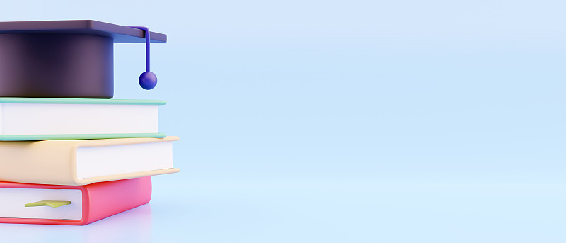 教育的概念。3d的帽子，书在蓝色背景。着陆页模板。回到学校，横幅设计模板。