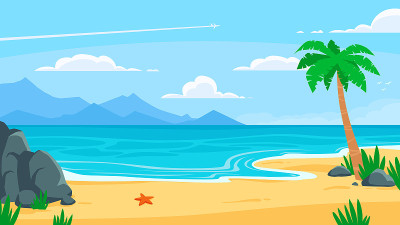 夏天海滩背景。沙滩，海岸与棕榈树的海滨度假旅游矢量卡通背景插图