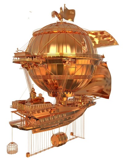金色幻想飞艇齐柏林飞艇气球3D插图孤立在白色