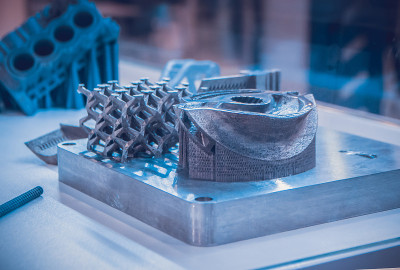 男人拿着用金属3d打印机打印出来的物体。