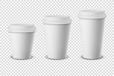 矢量3d白色现实的一次性关闭纸，塑料咖啡杯的饮料与白色，棕色和黑色的盖子设置特写孤立在透明的背景。设