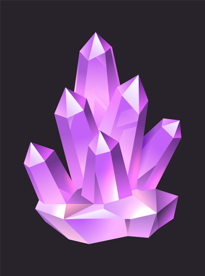 紫色珠宝卡通宝石。水晶石笋和钟乳石，彩色3d豪华石英，霓虹发光紫水晶或蓝宝石宝石，ui项目或设计矢量
