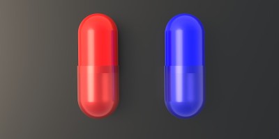红色和蓝色药丸，胶囊，药片分离在黑色背景上。三维演示