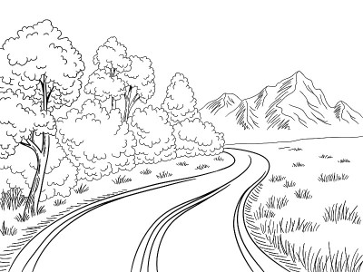 山道图形黑白景观素描插图矢量