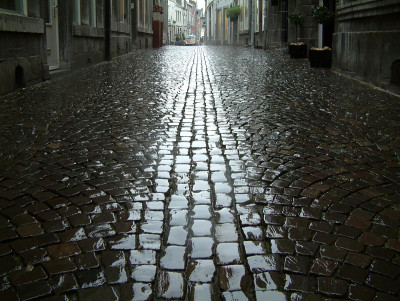 在雨天石板路面的特写