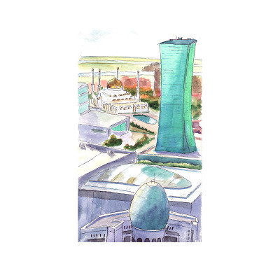 水彩素描建筑不同fpom -手绘插图阿斯塔纳镇