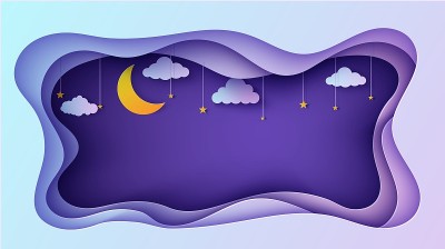 长方形的夜空框架，绳子上的星星和云彩，纸刻的月牙形。剪出3d背景剪纸艺术，童话矢量卡插图祝晚安甜梦