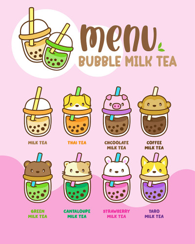 菜单气泡奶茶，爱奶茶，奶茶，台湾茶，矢量插图