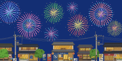 日本夏季城市景观和烟花景观矢量插图垂直(背景)