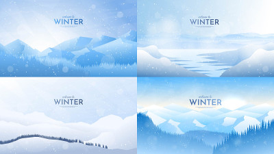 矢量插图。平的冬季景观。简单的背景。雪堆。降雪。湛蓝的天空。暴雪。下雪的天气。冬天的季节。全景壁纸。