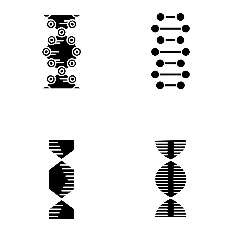 DNA螺旋链字形图标集。脱氧核糖核酸，核酸螺旋。螺旋链。染色体。分子生物学。遗传密码。遗传学。轮廓符