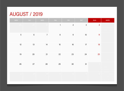 2019日历规划师8月周开始周一企业设计模板矢量。