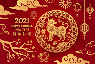 2021年牛。中国新年生肖吉祥物公牛与角，金色和红色的亚洲花在树枝上，假日矢量海报