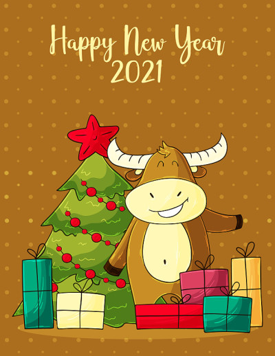 2021新年快乐儿童插画。中国新年牛年2021年