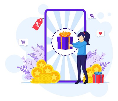 在线奖励概念，一个女人收到一个礼品盒从在线忠诚计划和奖金平面矢量插图