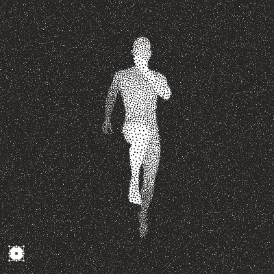 跑步的人。3D模型的人。黑白颗粒图案。点彩的效果。矢量插图。