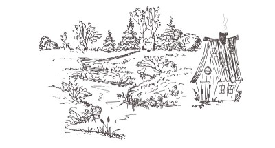乡村住宅和森林的景观。矢量手绘插图。