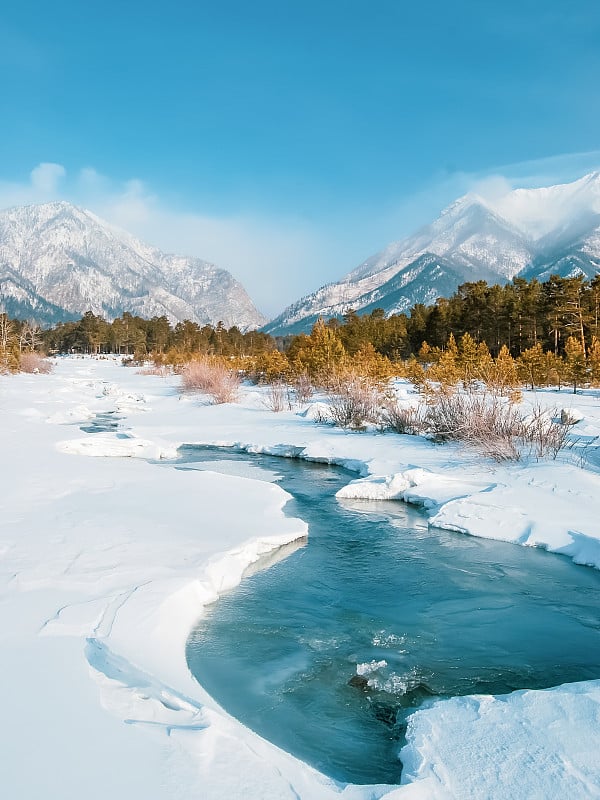 冬天有冰雪和霜冻的小溪