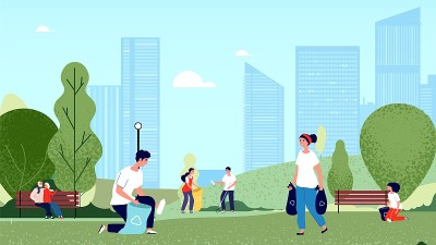 人们在城市公园里捡垃圾。志愿者清洁自然环境。生态和清洁行星矢量插图