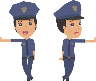 怀疑和滑稽的角色警察靠在墙上