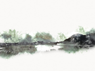 抽象的阳光，山峰和河流的水彩画背景，数字插图画笔艺术。