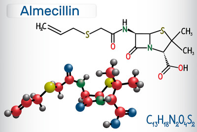 Almecillin(青霉素O)药物分子。它是-内酰胺抗生素。结构化学式和分子模型
