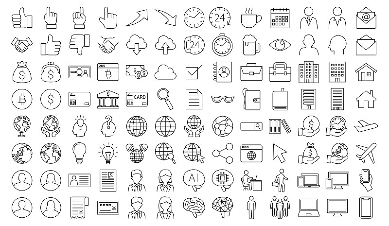 200 line icon set related to business