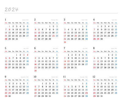 日本2024年12个月日历。