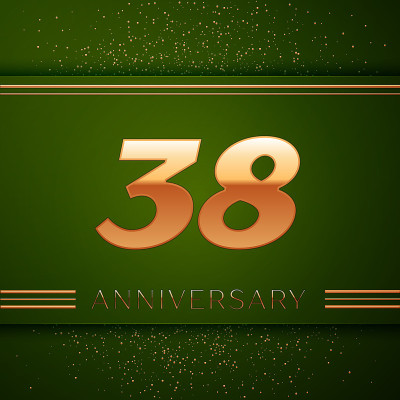 现实38周年庆祝标志。绿色背景上的金色数字和金色五彩纸屑。彩色矢量模板元素为您的生日派对