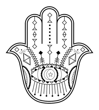 Hamsa hand vector with mystical, esoteric symbols 